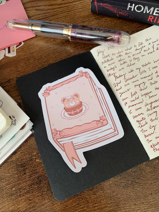 Adorable Pink Bear on Journal Beary Sweet Cupcake - Notebook Diecut Sticker