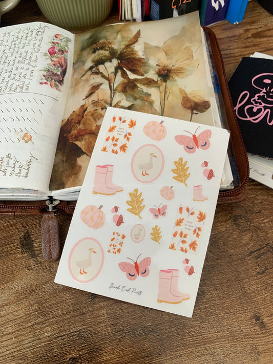 Pink Cottage Core Fall Stickers • Hand drawn Goose & Cozy Elements -  Scrapbook Clear Stickers - Autumn Vibes
