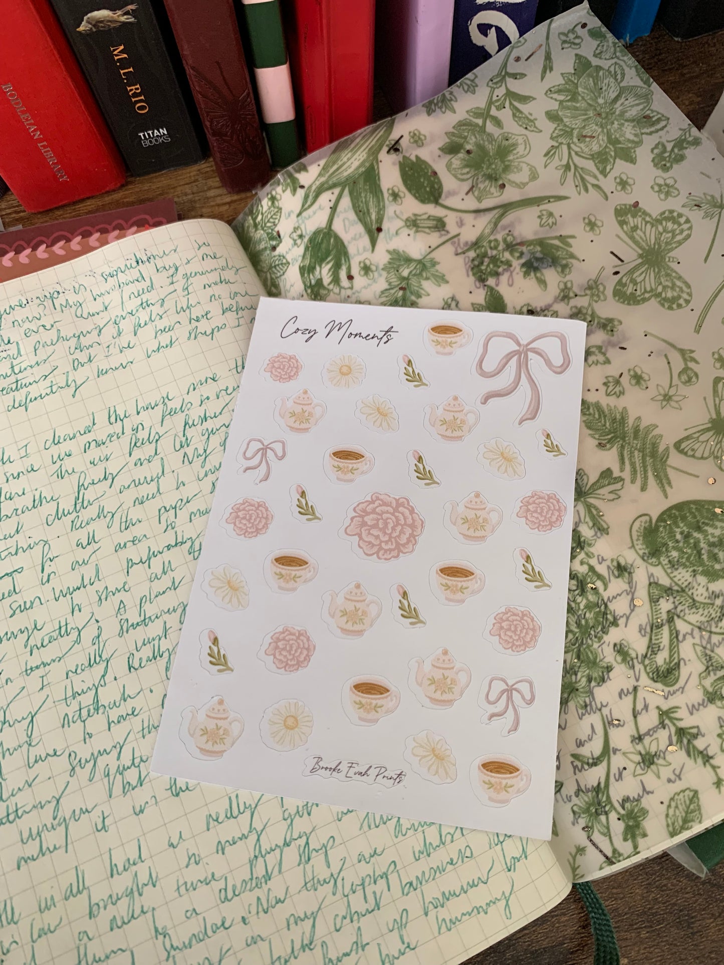 Pink Bows and Tea Cups ✨ Bullet Journal Stickers • Hand drawn -  Scrapbook Clear Stickers - Cozy Moments II