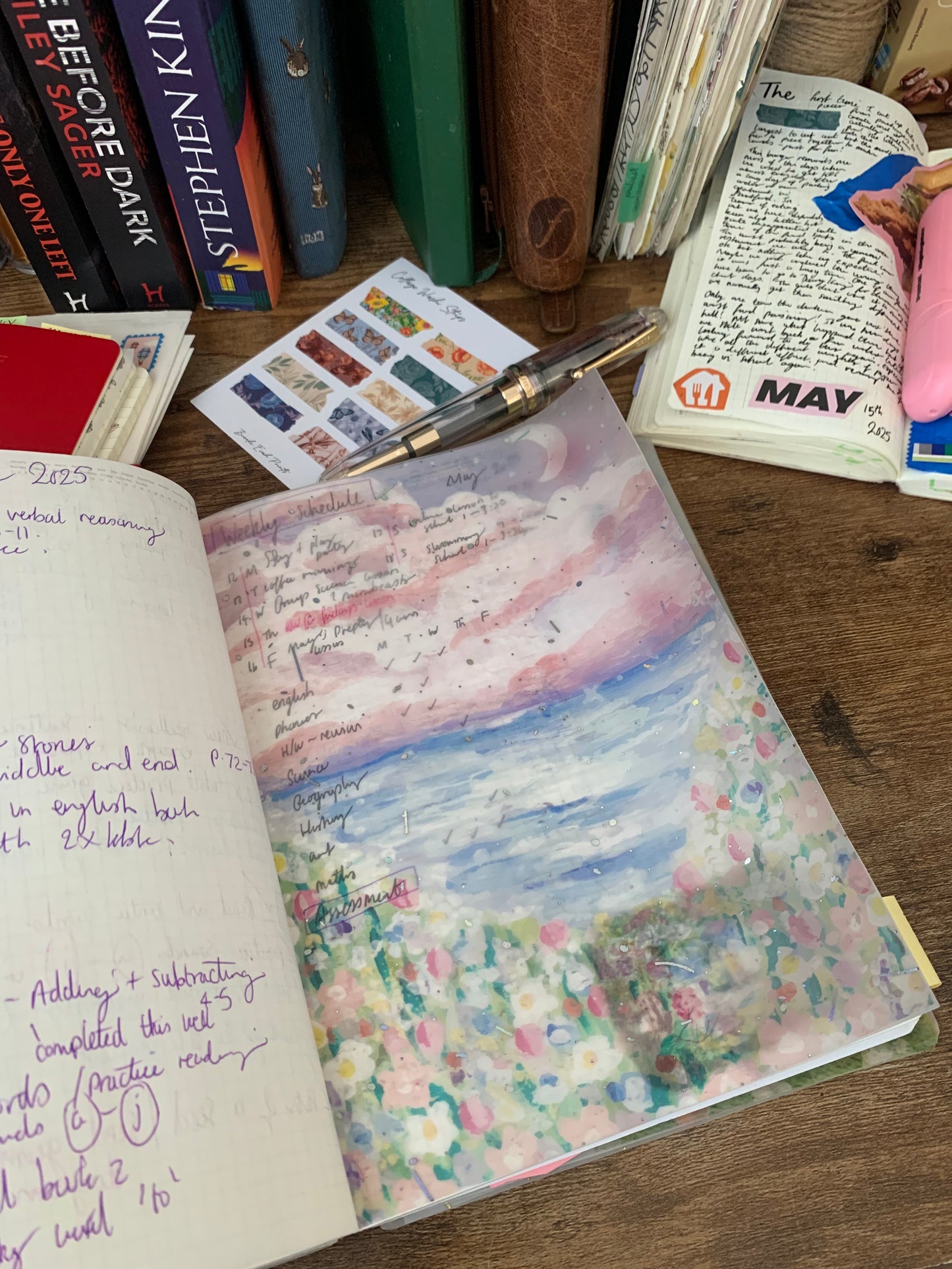 Purple Pastel Sky, Flowers, Pink Clouds, Moon Painting • Hand drawn • Printed Foiled Vellum Planner Dashboard- Night Sky ✨