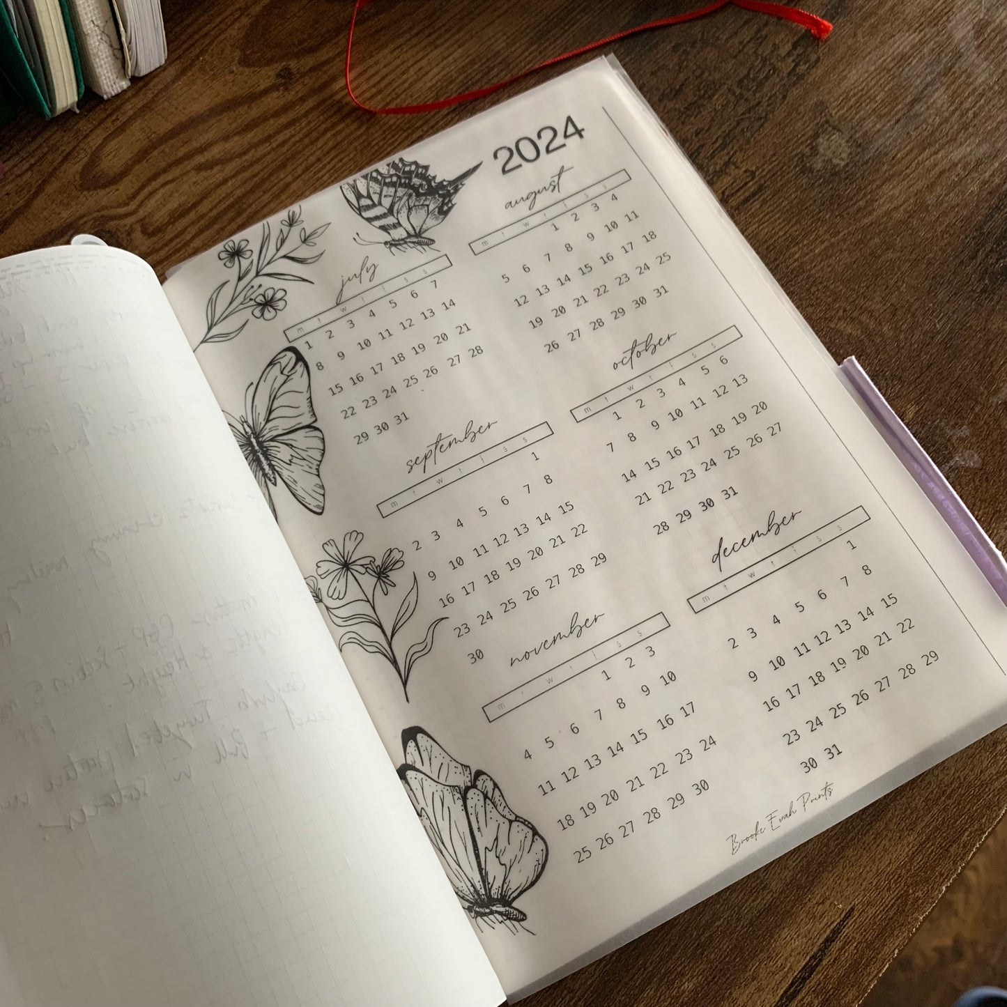 Printed Vellum X Acetate Planner Dashboards - 2024 July - December Calendar -Peekaboo Butterfly