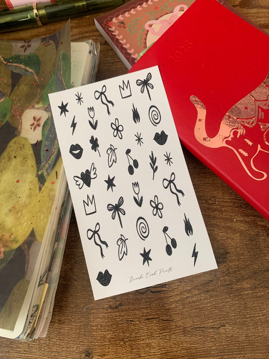Black outlined hand drawn Bows, Cherries & Flowers Doodle Sticker Sheet