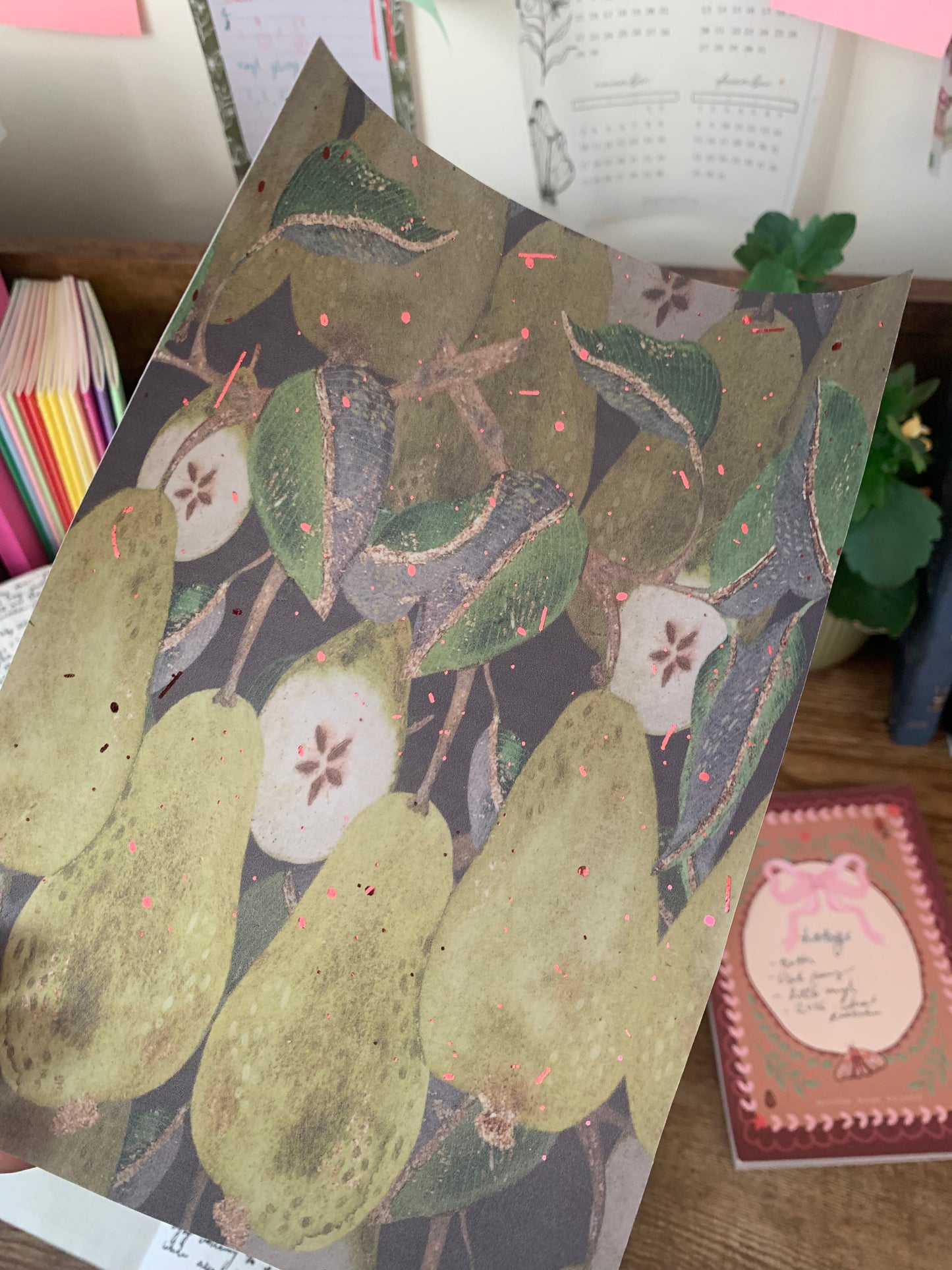 Dark Watercolor Glitter Pears - Vellum Planner Dashboard - Pink Foil accents - Dark Pears