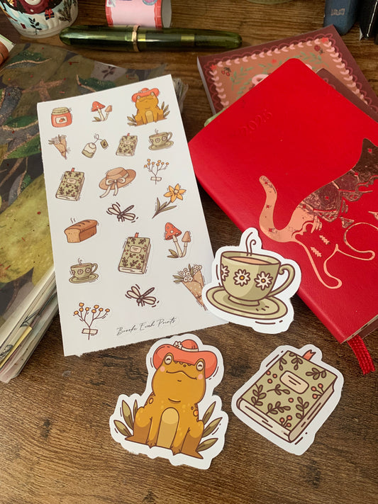 Cottage Core Frog, Tea and Journals Sticker Pack - Cozy Frog