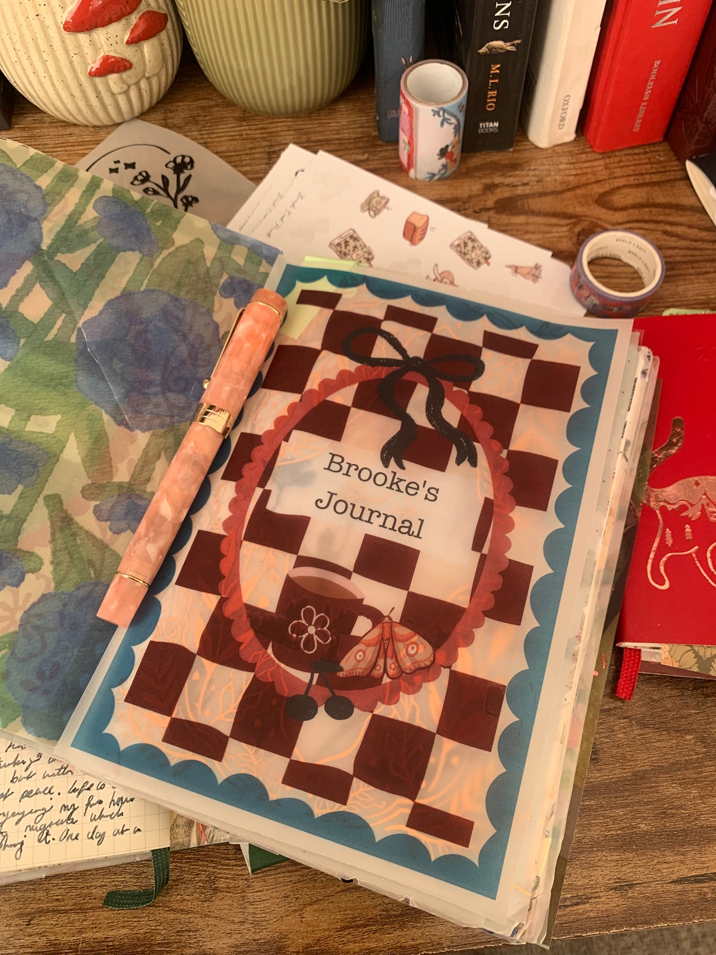 Emerald Checkered Design Cherry Custom name Cover Page for Journal or Planner - Scrapbooking Paper - All or nothing