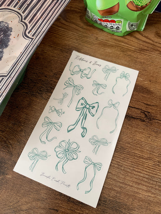 Green Bow Stickers • Hand drawn Bows -  Scrapbook Clear Stickers - Ribbons & Bows