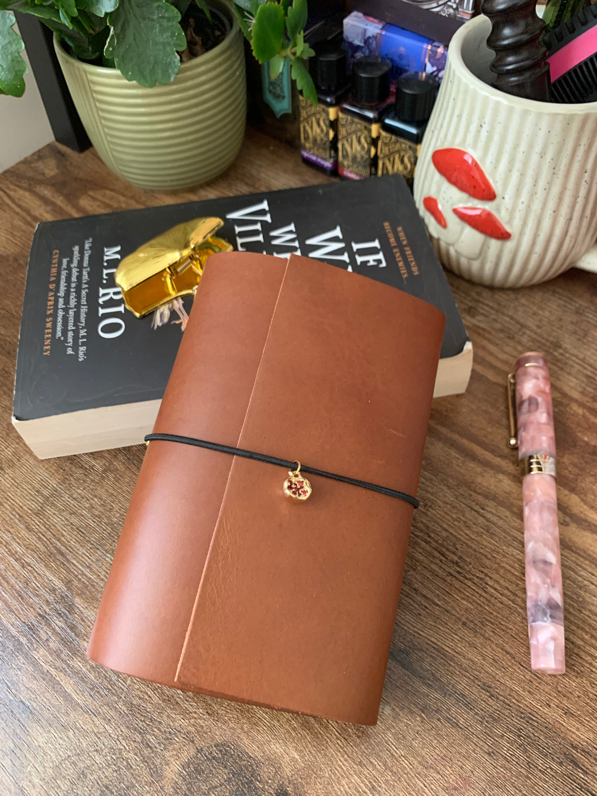 Handmade Vachetta Leather Pocket Trifold Journal Cover with Pomegranate Charm