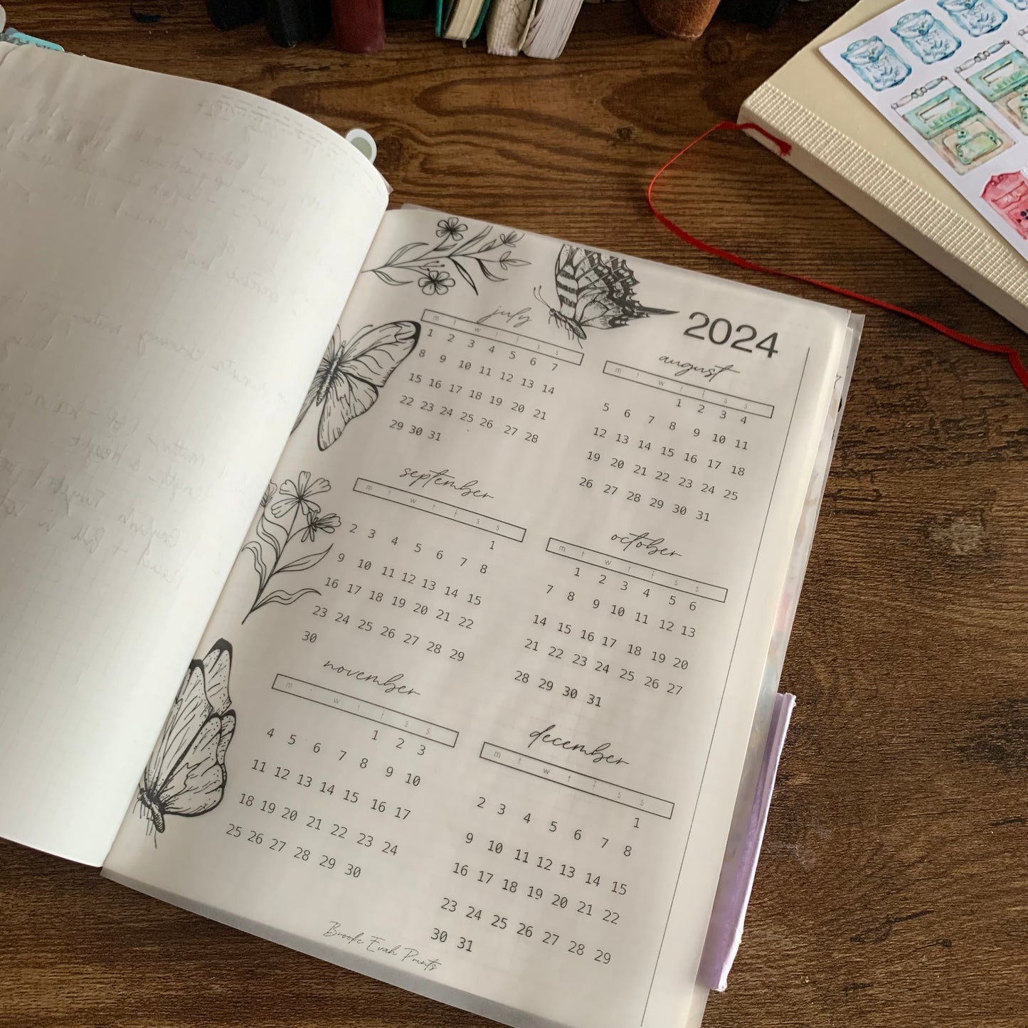 Printed Vellum X Acetate Planner Dashboards - 2024 July - December Calendar -Peekaboo Butterfly