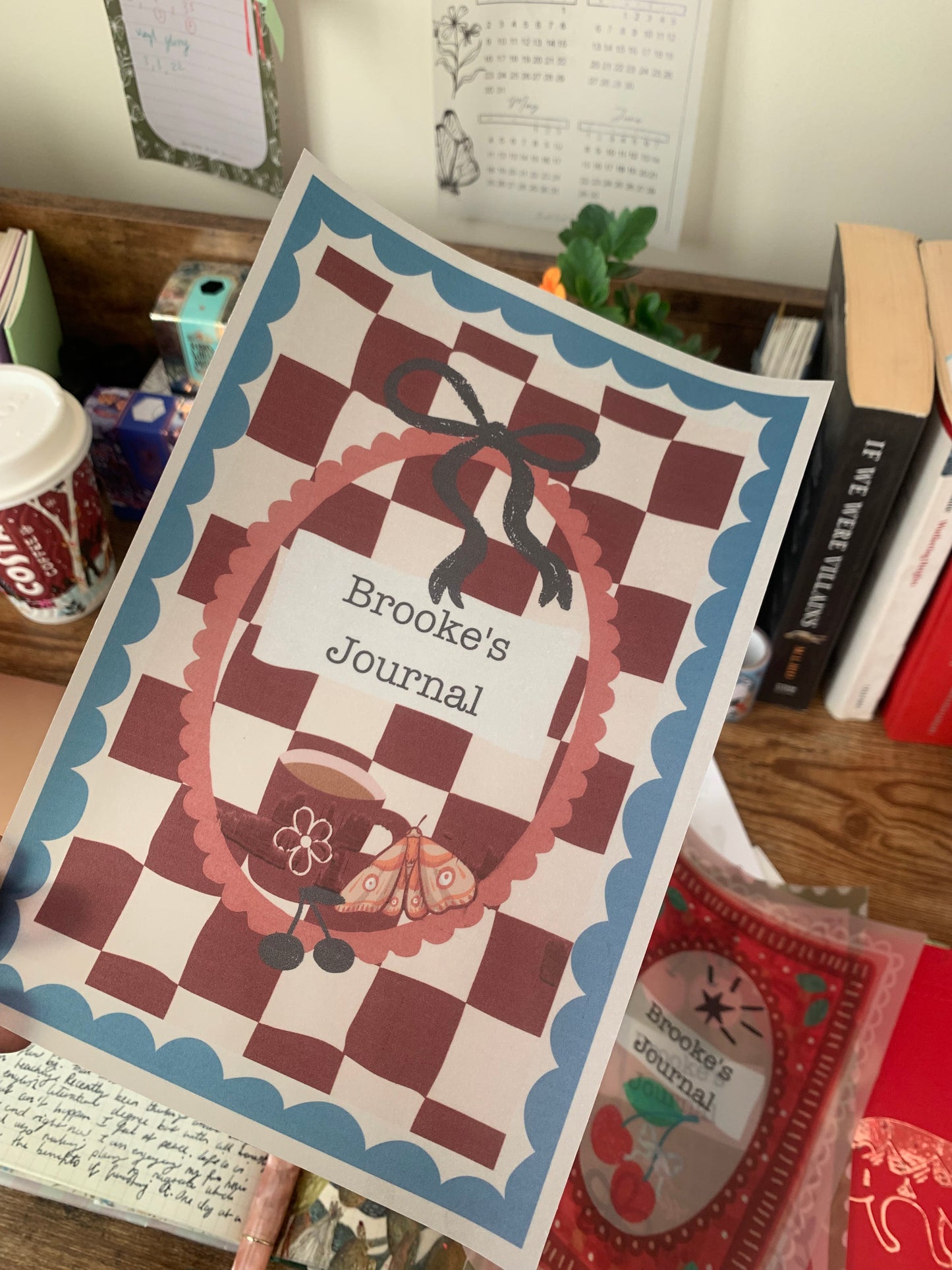 Emerald Checkered Design Cherry Custom name Cover Page for Journal or Planner - Scrapbooking Paper - All or nothing