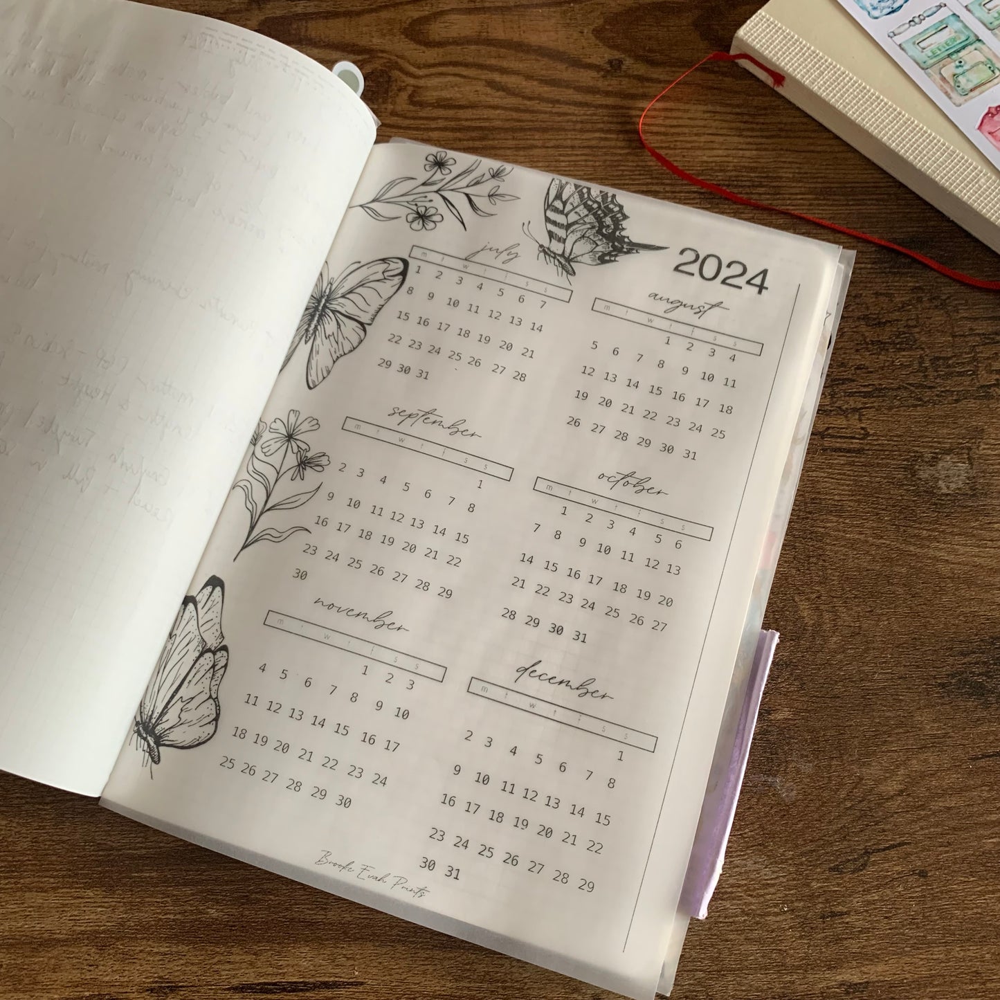 Printed Vellum X Acetate Planner Dashboards - 2024 July - December Calendar -Peekaboo Butterfly