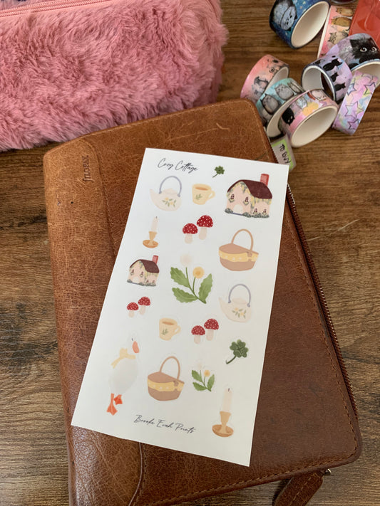 Hand drawn Cottage Core themed-  Scrapbook Clear House and Mushroom Stickers  - Watercolor Goose, Tea & Flowers- Cozy Cottage