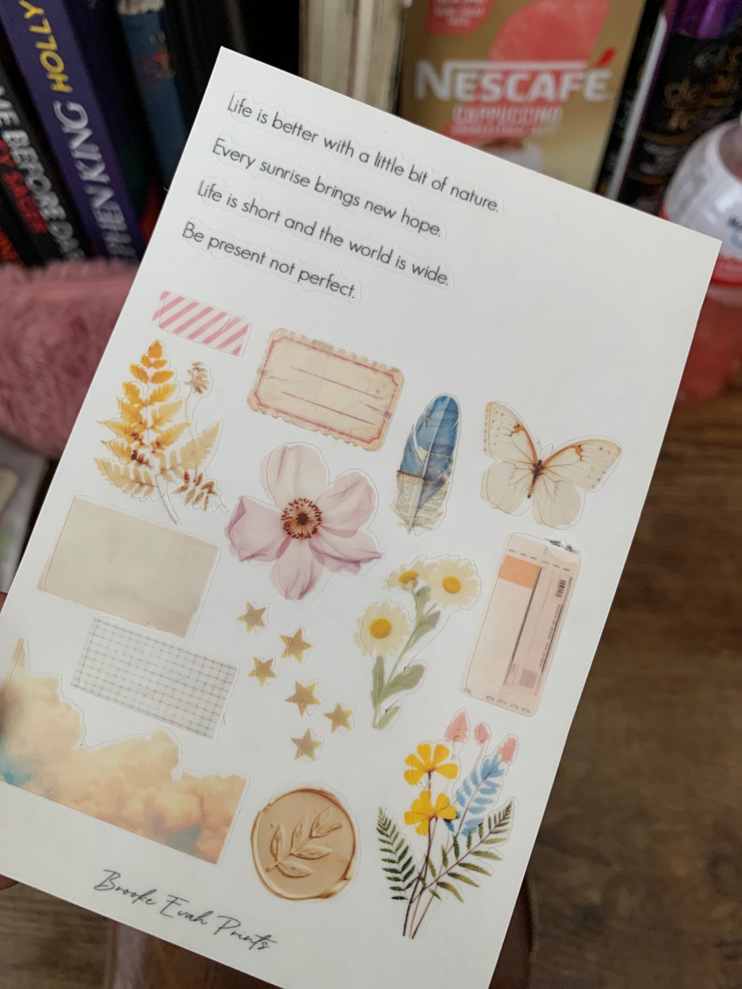 Nature Collage Hand Drawn Cute Stickers • Butterfly and Feather Stickers  -  Scrapbook Clear Stickers  - Watercolor  - Spring Collage II