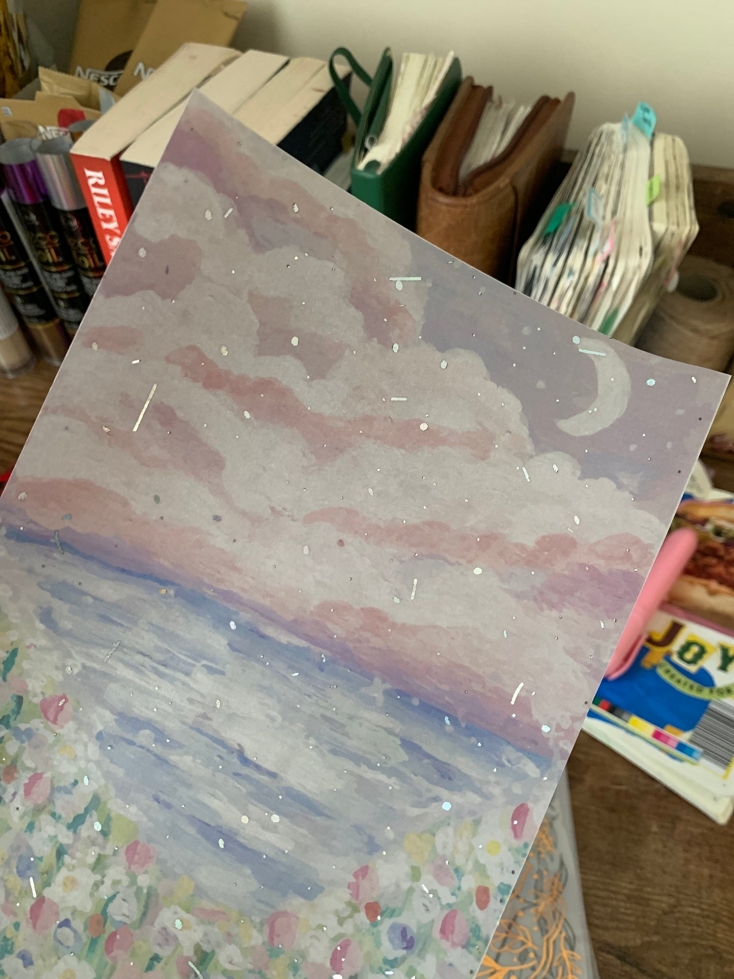 Purple Pastel Sky, Flowers, Pink Clouds, Moon Painting • Hand drawn • Printed Foiled Vellum Planner Dashboard- Night Sky ✨