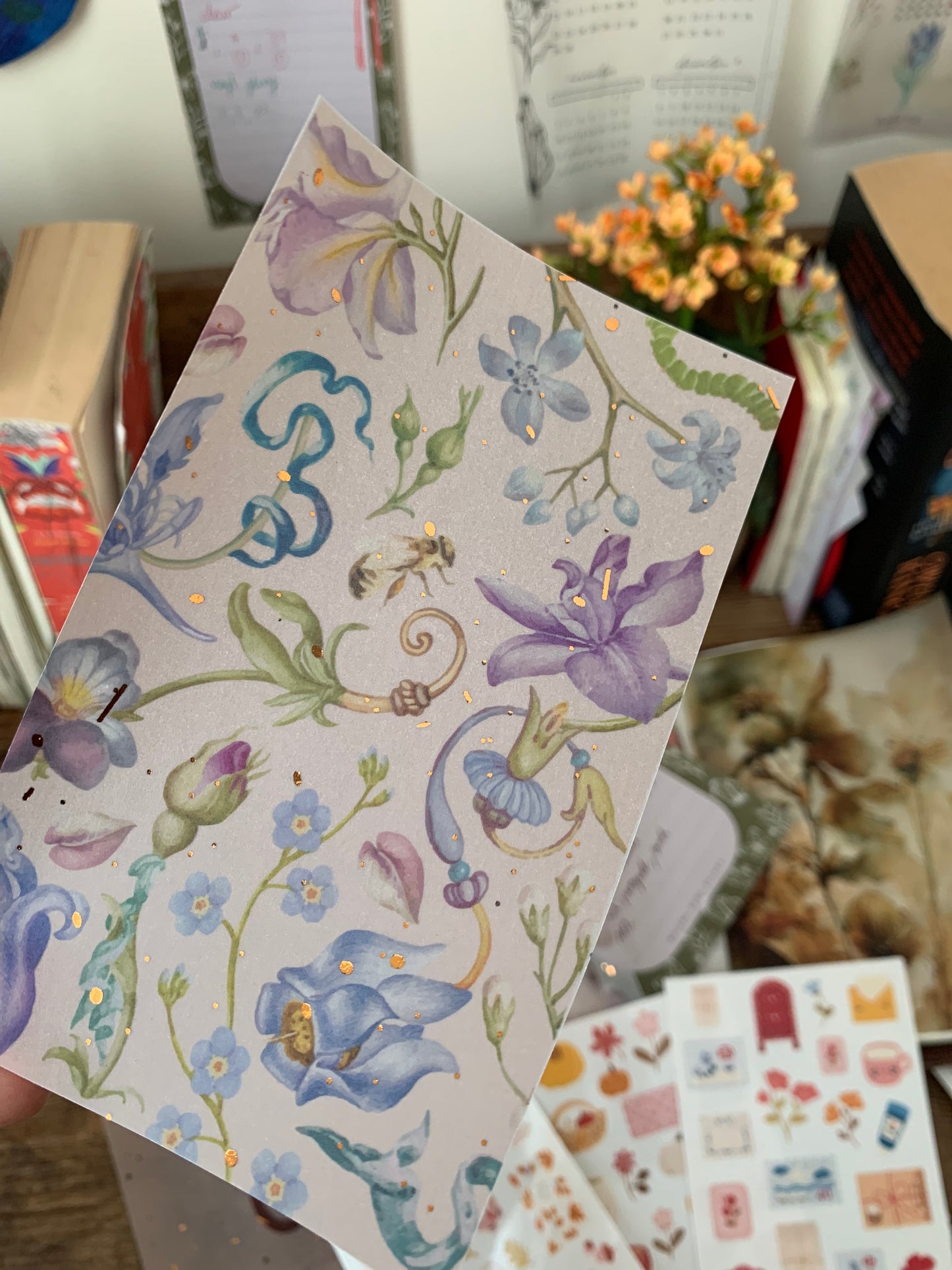 FREE for Bank Holiday ✨ Blue & Purple Vintage Florals with Bee Watercolour  - Vellum Planner Dashboard - Copper Foil accents - Botanique