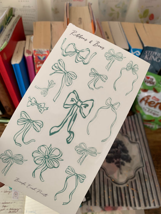 Green Bow Stickers • Hand drawn Bows -  Scrapbook Clear Stickers - Ribbons & Bows