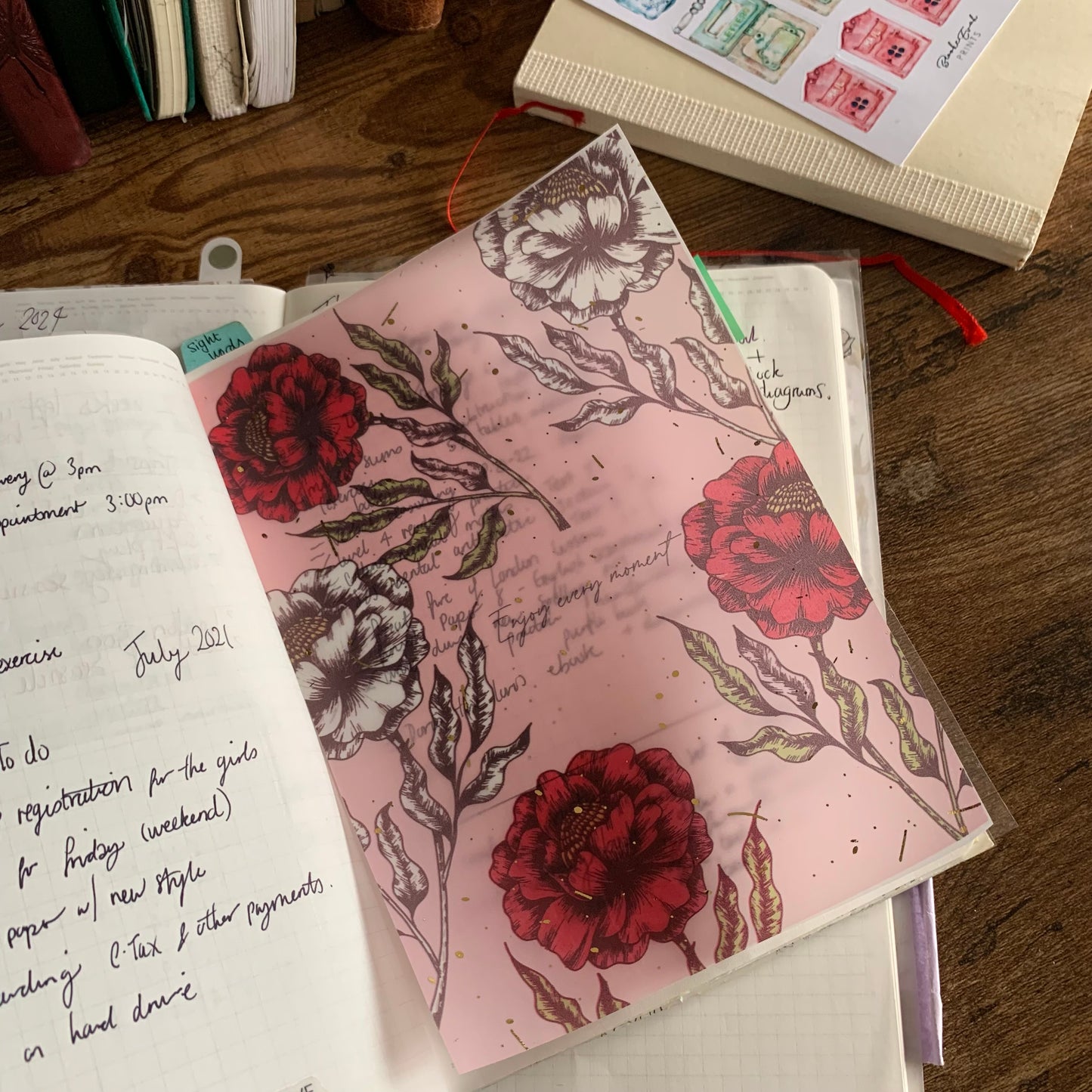 Pink and Red Hand Drawn vintage Foiled Floral Vellum Planner Dashboard - Enjoy Every Moment