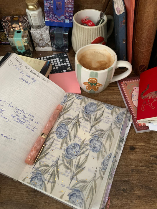 Blue Peonies Watercolor Journal Paper- Vellum Planner Dashboard - Gold Foil accents - Peony Blue