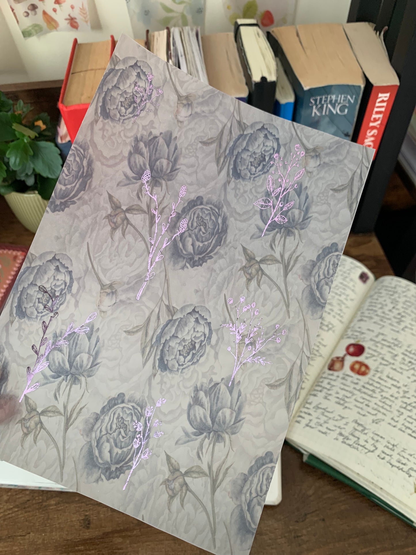 French Style Blue Florals with Lilac Foiled Accents - Journal Paper - Decorative Planner Paper - Genevieve