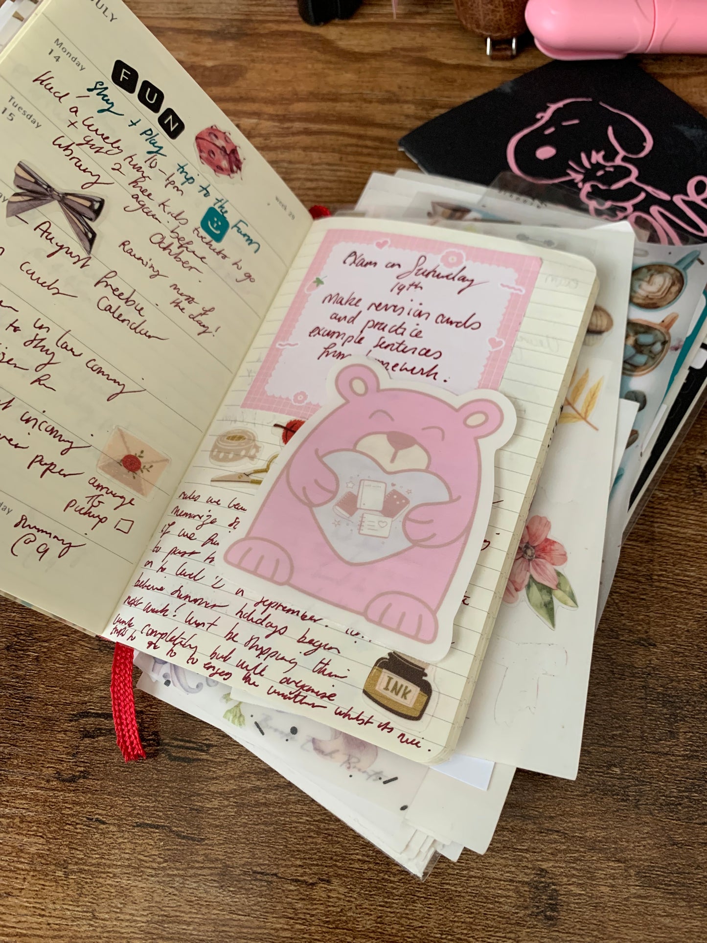 Hand drawn cute Pink Bear with Heart Sticker Flake - Journal Bear - Muffin 🩷