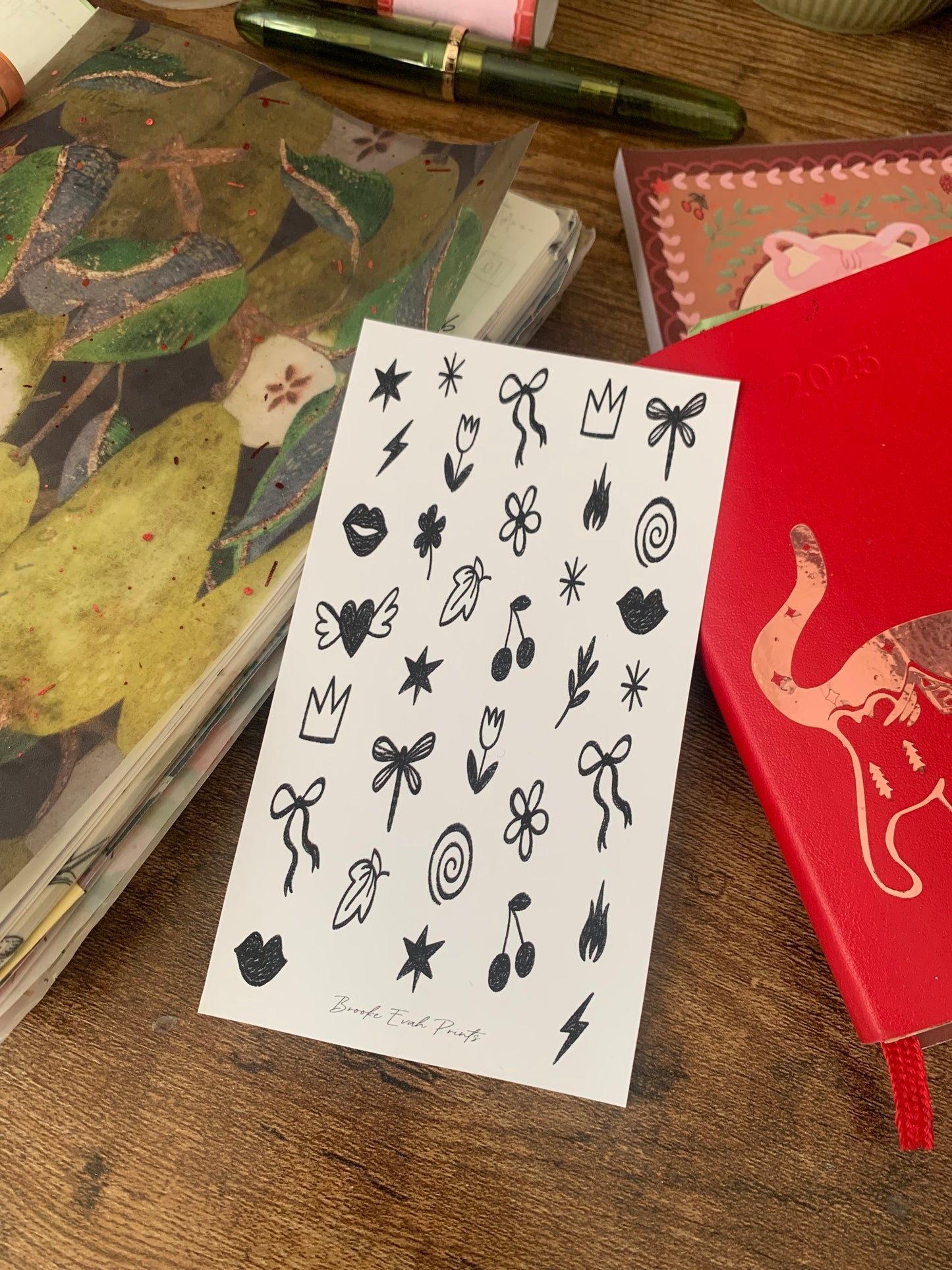 Black outlined hand drawn Bows, Cherries & Flowers Doodle Sticker Sheet