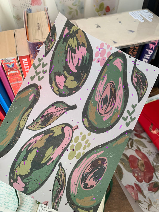 Abstract Avocado design with Purple Foil Accents for Notebooks Hand Drawn Vellum Planner Dashboard - Pink Avocado