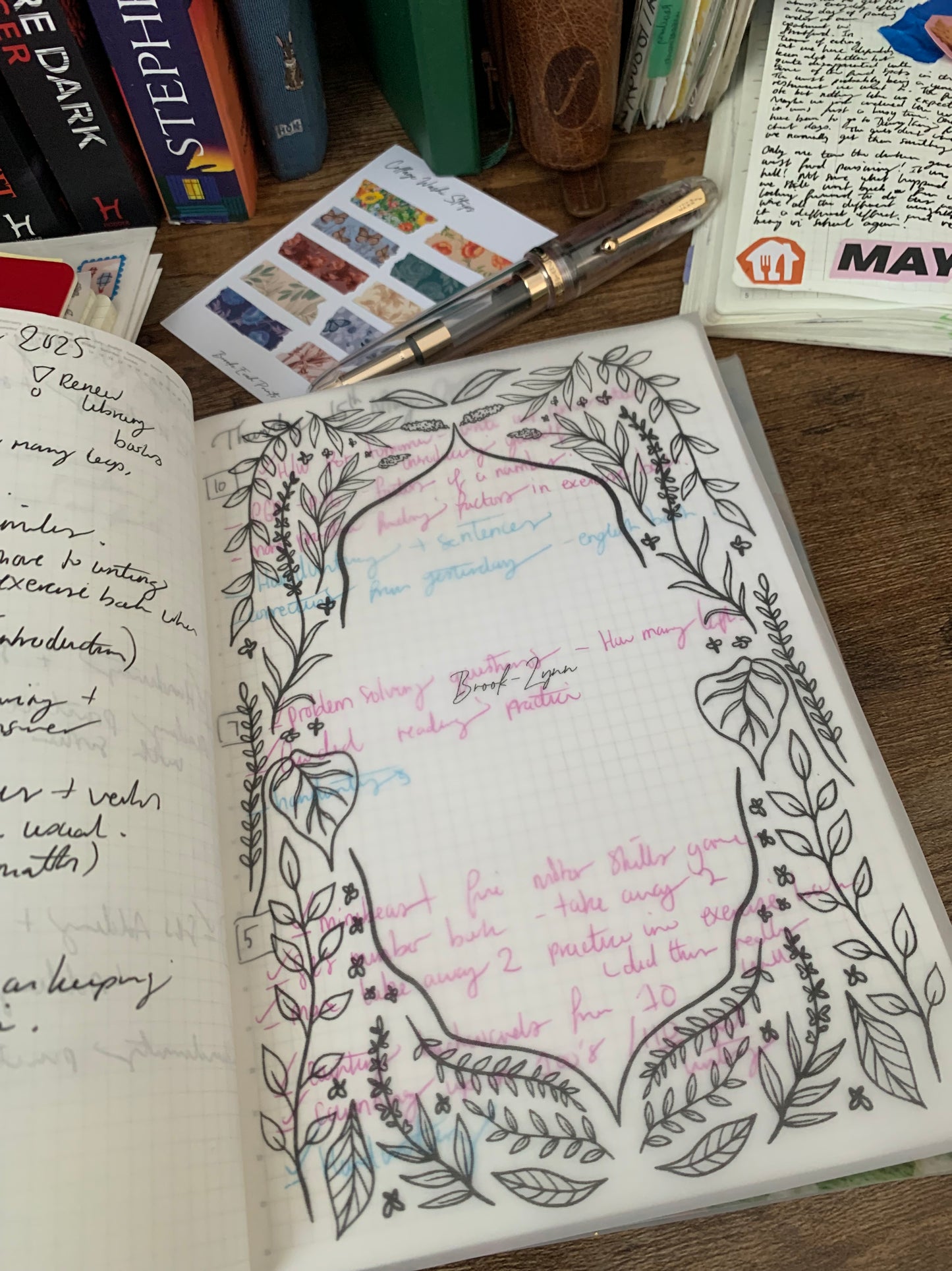 Black Whimsical Hand Drawn Leaves themed Vellum Planner Dashboard - Midnight I