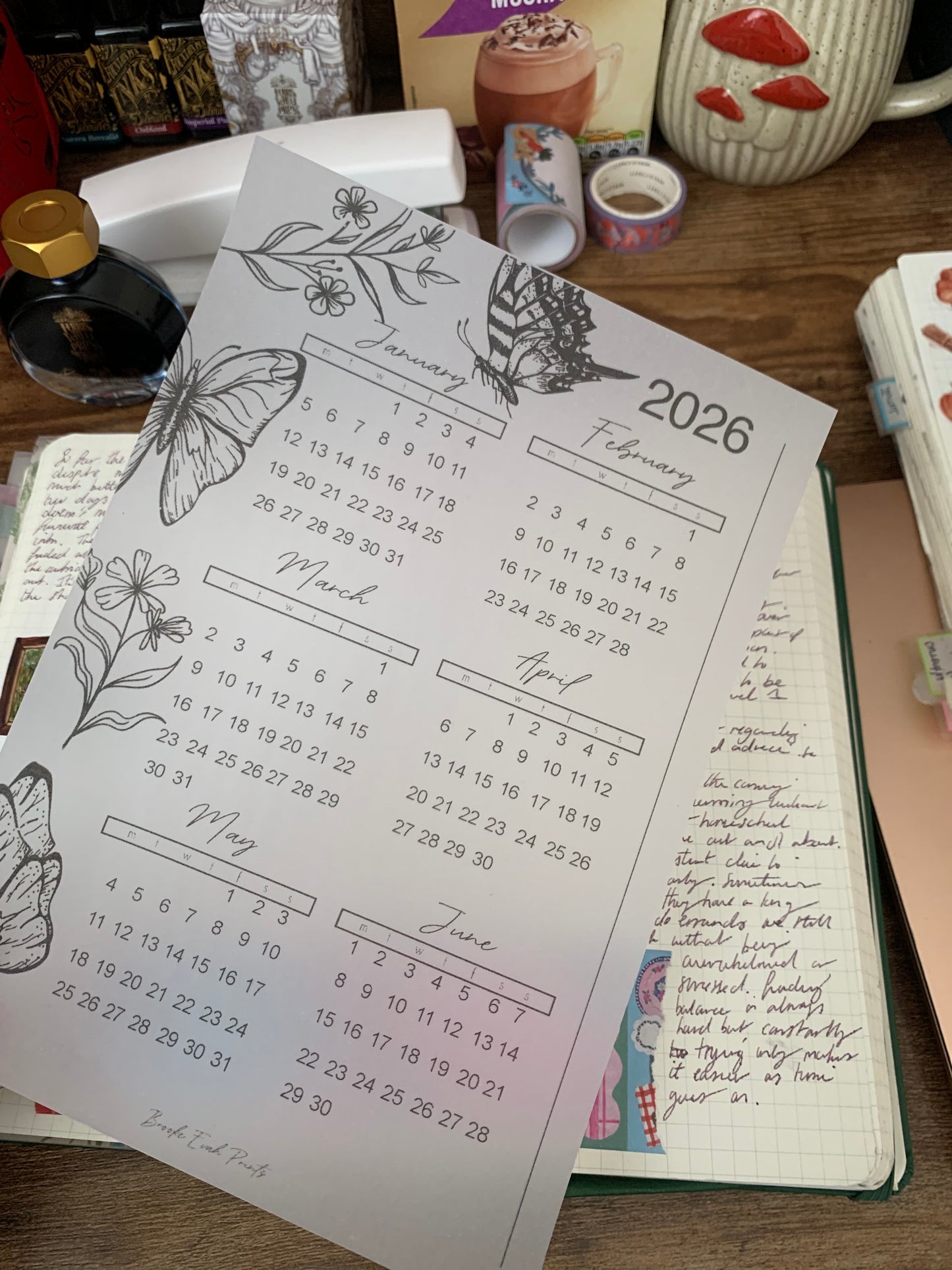 2026 Calendar - Printed Vellum X Acetate Planner Dashboards - 2026 January - June Calendar Overview -Peekaboo Butterfly