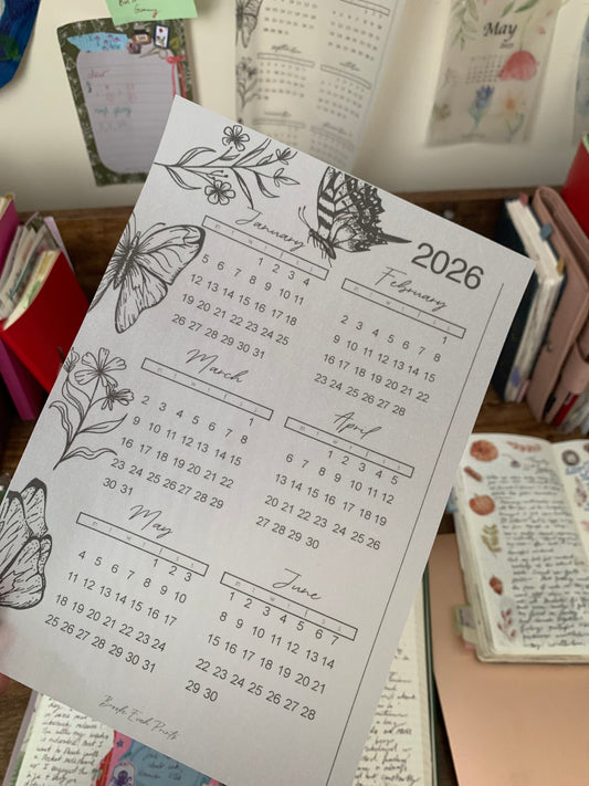 2026 Calendar - Printed Vellum X Acetate Planner Dashboards - 2026 January - June Calendar Overview -Peekaboo Butterfly