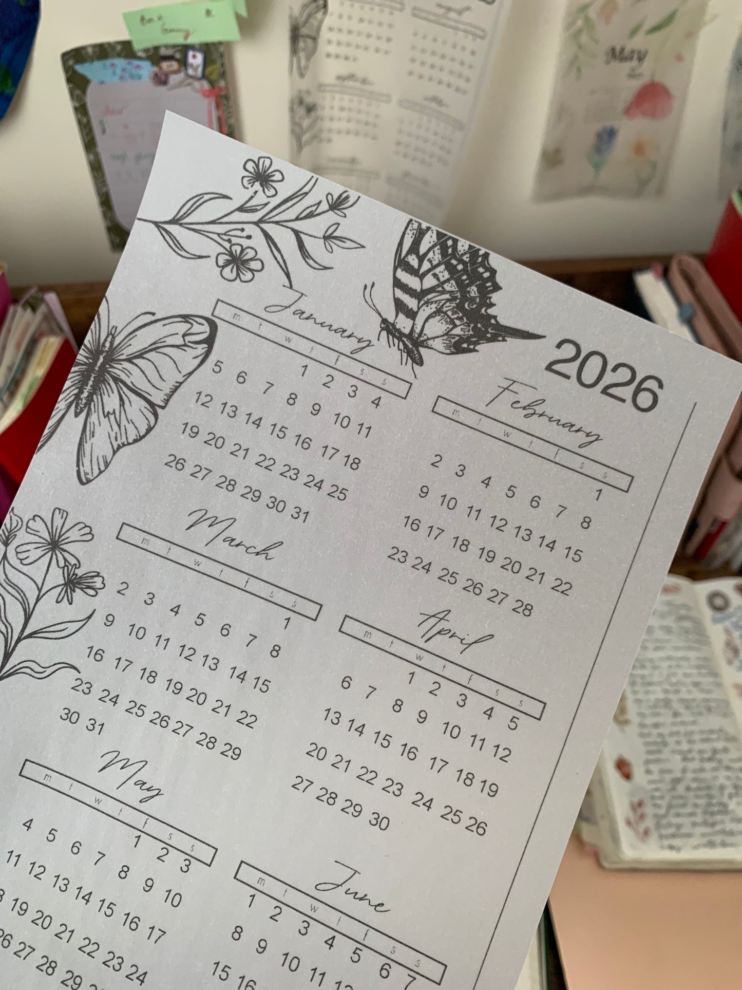 2026 Calendar - Printed Vellum X Acetate Planner Dashboards - 2026 January - June Calendar Overview -Peekaboo Butterfly