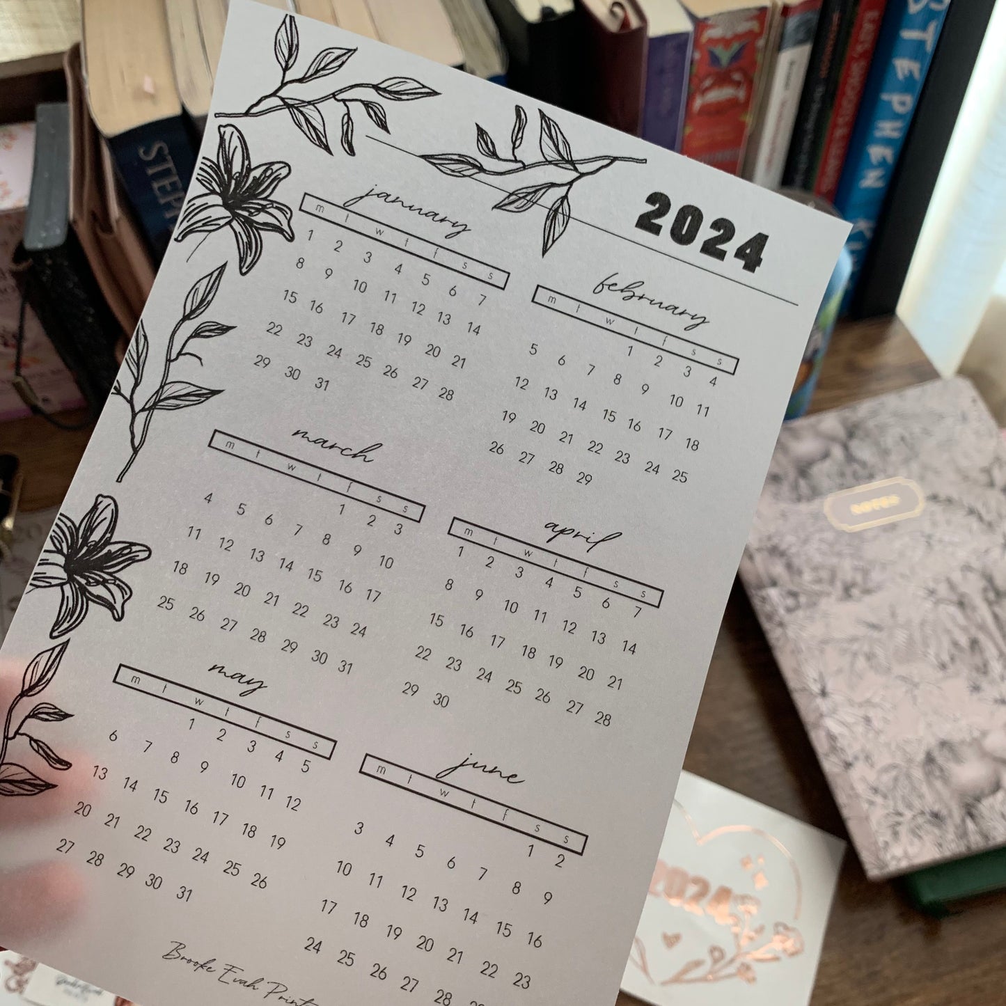 Printed Vellum X Acetate Planner Dashboards - 2024 Jan- June Calendar -Floral Outline