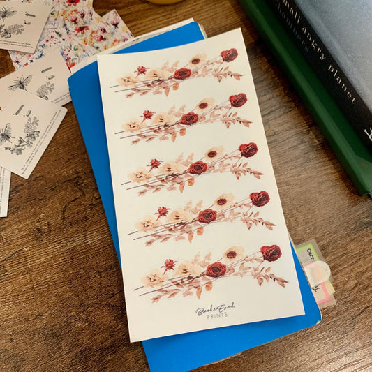 Brown Floral Washi Strips Transparent watercolor Sticker Sheet - Washi Stickers - Dark Rose