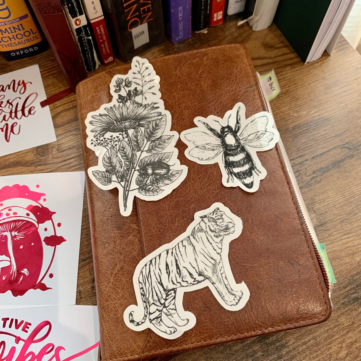 Large Vintage Sketch Stickers - Tiger, Bee & Bouquet - Set of 3 - Sweeter than Honey Collection