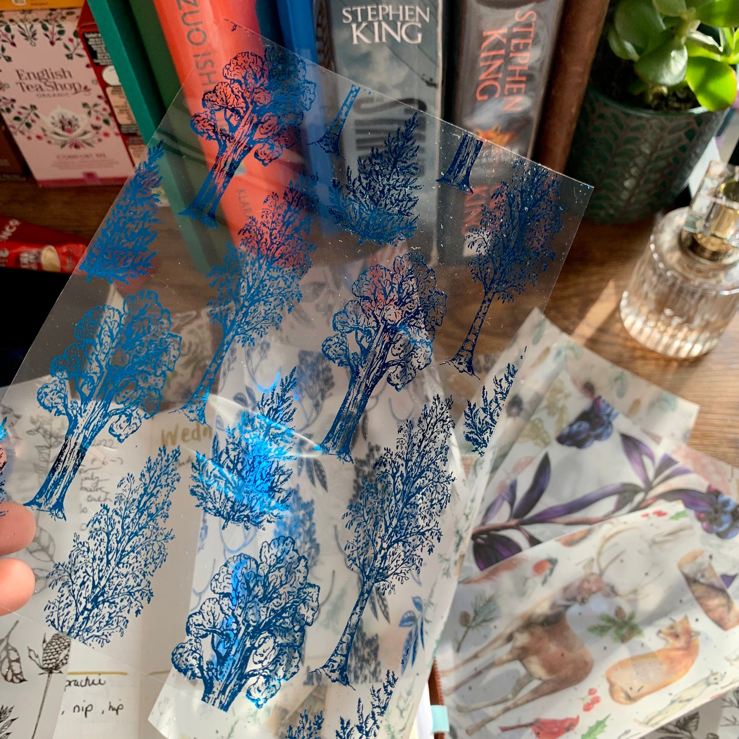 Blue Foiled Hand Drawn Trees Floral Vellum X Acetate Planner Dashboard - After Dark II