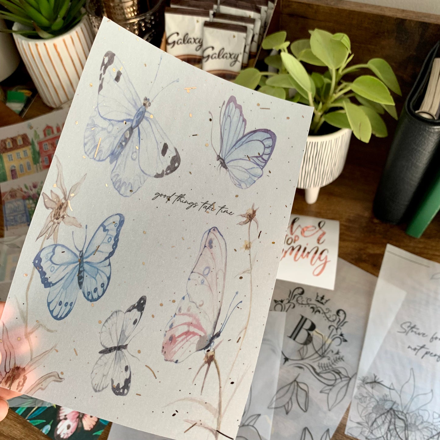 Watercolor Butterflies with Quote - Vellum Planner Dashboard - Good things take time