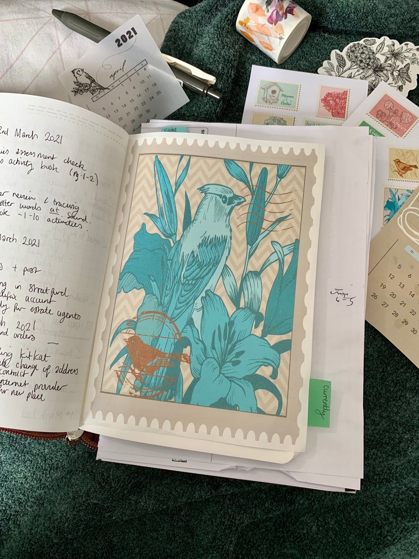 Tomoe River Paper Planner Dashboard - Notebook Crafting Paper - Vintage Hand Painted Blue Bird Stamp