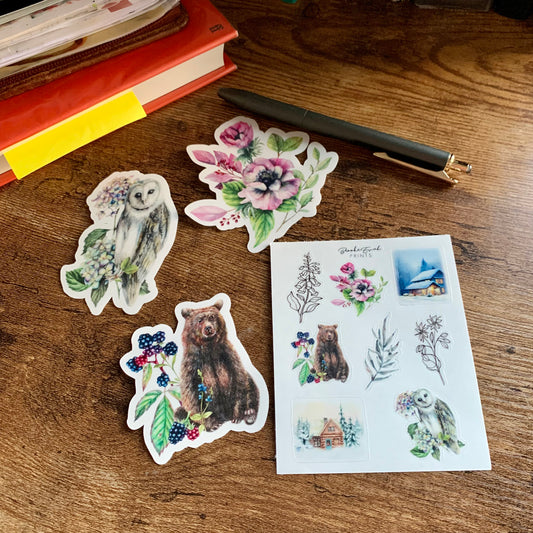 Bear, Owl & Floral Clear Sticker Flakes Set- Set of 3 flakes + Premium Sticker Sheet