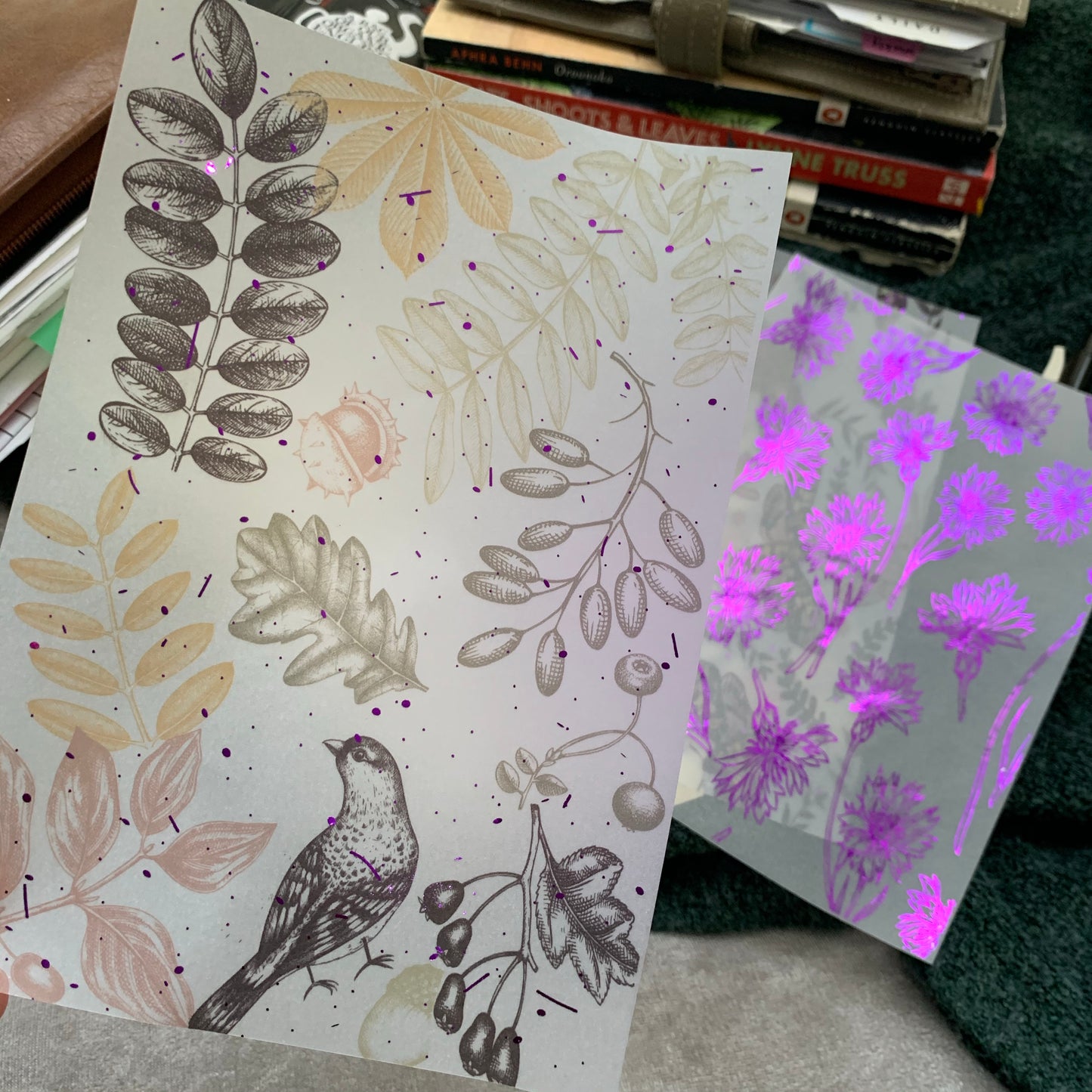 Purple Foiled Vellum Vintage Hand Drawn Bird & Leaves Planner Dashboard - Purple Forest v1 💜