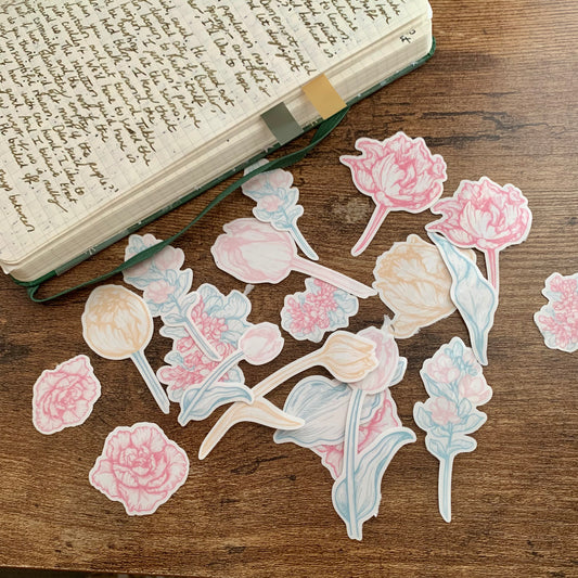 Soft Pastel Floral Spring Flakes- Clear Floral Sticker Flakes - Pack of 19- Escape the ordinary