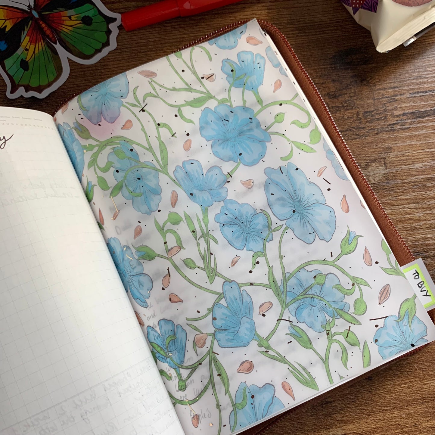 Foiled Rose Gold Vellum Blue Floral Flax Seed Plant Planner Dashboard - Anna