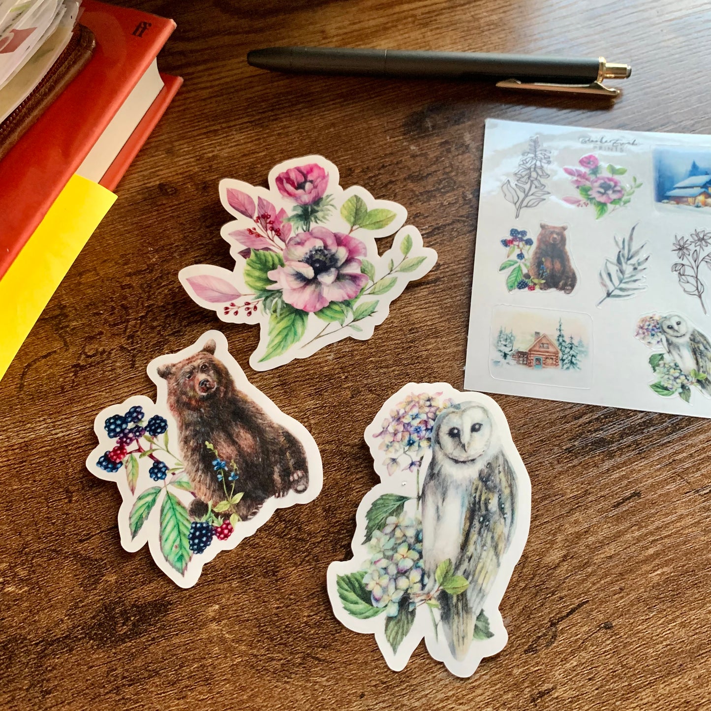 Bear, Owl & Floral Clear Sticker Flakes Set- Set of 3 flakes + Premium Sticker Sheet