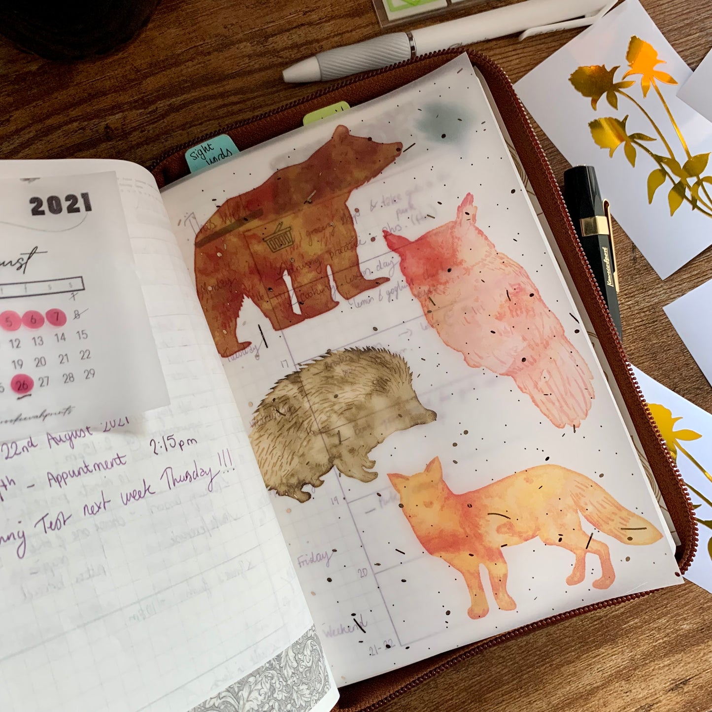 Foiled Rose Gold Vellum Watercolour Forest Animals Planner Dashboard - Forest Meeting